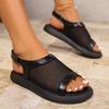 Fashion Platform Sandals Summer New Round Toe Shallow Mouth Open Toe Paneled Mesh Breathable Metal Slip Strap Soft Slip Flats