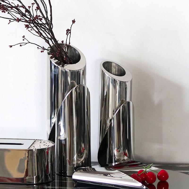 Artistic Metal Flower Vase, Mismatched Design, Large Opening, Beveled Edge - Ideal for Living, Dining, or Office Décor