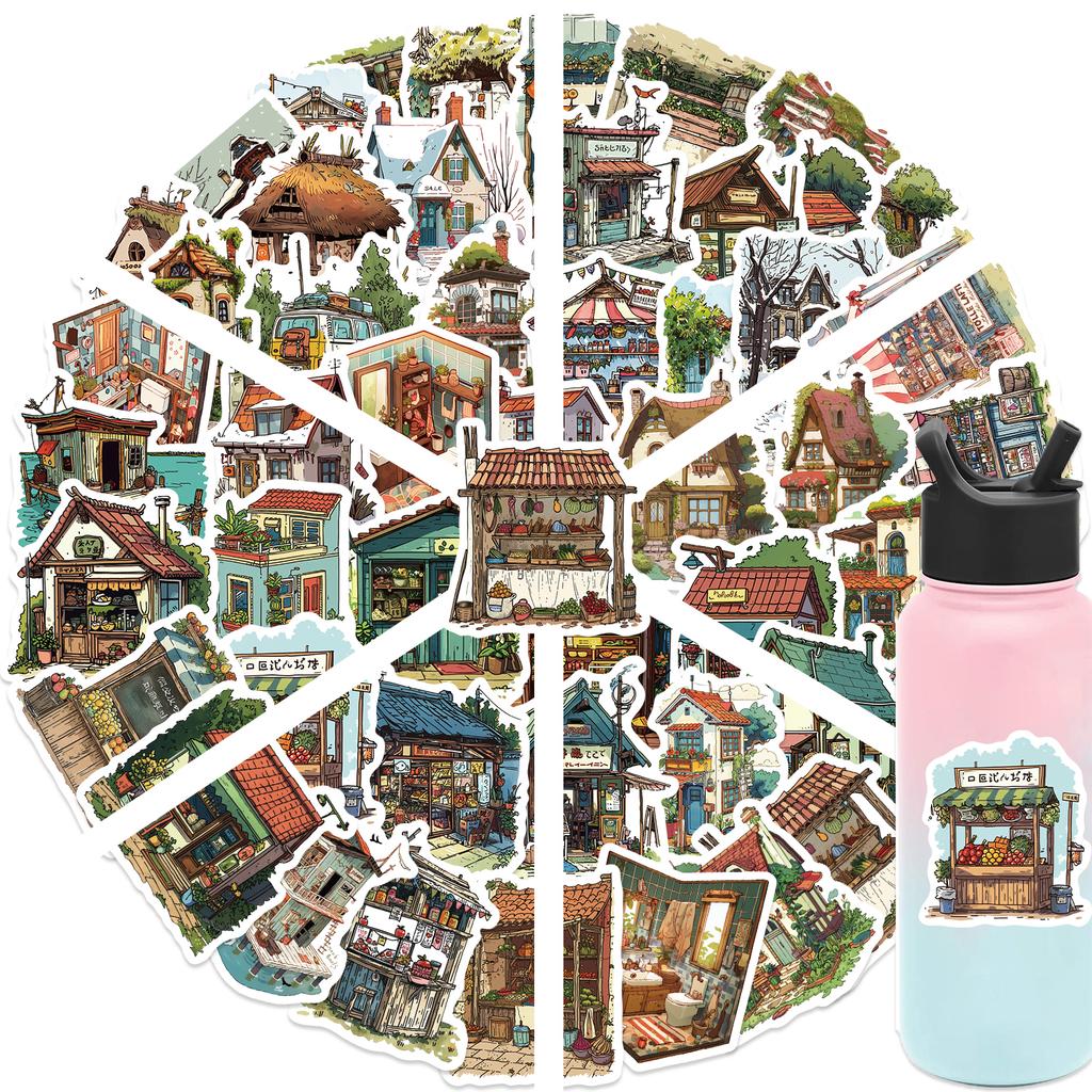 50pcs Vintage Retro Small House Stickers For Scrapbook Phone Laptop Guitar Stationery DIY Waterproof Sticker Decals Kids Toy