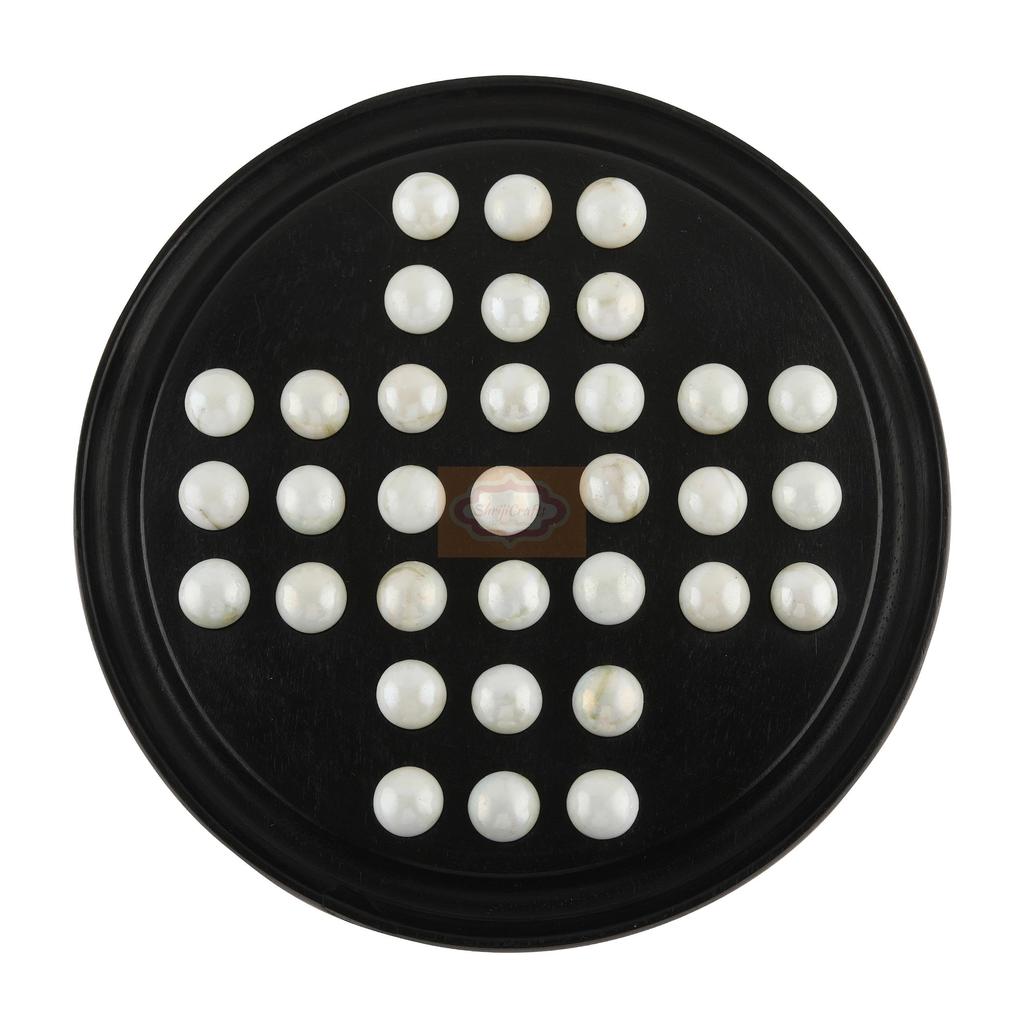 Shriji Crafts Wooden Solitaire Board Game with Black & White Glass Marbles Party Fun Christmas-friendly