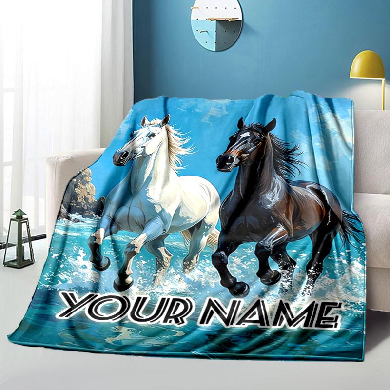 1PC Custom Name Horses Ocean Wave flannel blanket versatile,all-season throw suitable for the living room,bedroom,camping,travel,and gift