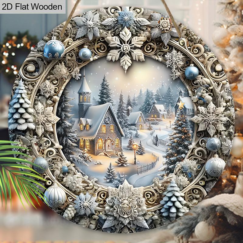 Cute Winter Wonderland Wooden Sign - Navidad Round Sign with Snowhouse Town Pattern - Ideal for Front Door, Wall Hanging Decor - Ideal Christmas Gift