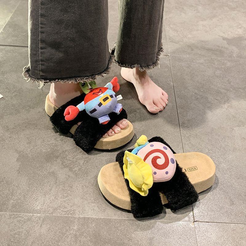 Thick bottom comfortable non-slip cartoon hairy drag cute personality crab boss hairy slippers female 2025 autumn and winter new