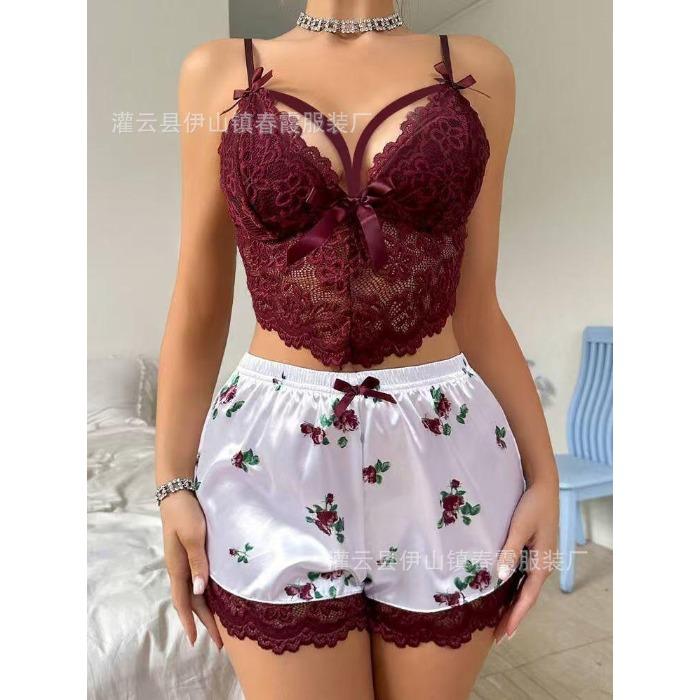 

Новий сексуальний комплект піжами мереживні підтяжки шорти двокомпонентний набір сексуальна піжама жіноча XL бордовий