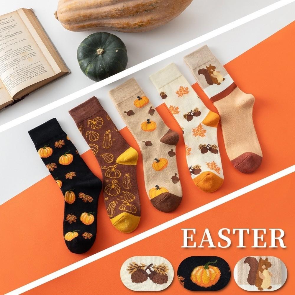 2 Pairs Maple Squirrel Mid-calf Socks Pumpkin Pattern Women's Stockings Autumn Socks Fall Costume