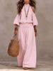 Damen schulterfreies Oberteil und Hose Set Lässig Elastische Taille Weite Hosen Boho Resort Kleidung Zweiteiliges Outfit