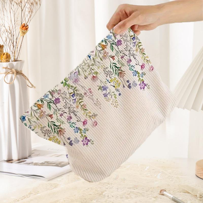 Sweet Floral Printed Corduroy Makeup Bag Lightweight Zipper Makeup Storage Bag Multifunctional Bag Large Capacity Makeup Bag