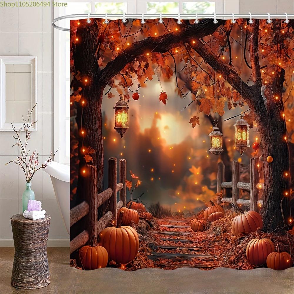 Autumn Pumpkin Maple Leaf Bath Curtain - Rustic Countryside Scene with Hanging Lanterns, 100% Polyester Machine Washable Showe