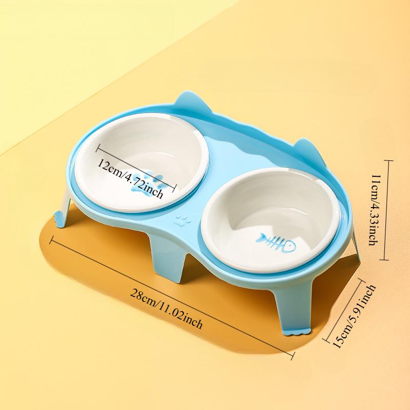Kitten Double Ceramic Feeder Bowl Pet Water and Food Bowl Dish with Wood Stand No Spill Pet Ceramic Double Bowl for Dog Cat