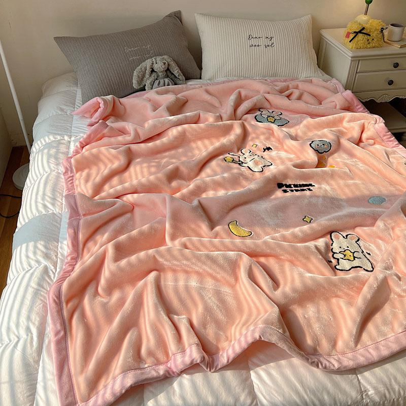 Solid Thick Cartoon Towel Embroidered Blanket Double Layer Warm Milk Velvet Sofa Cover Cozy Breathable Bedspread for Adult Kids
