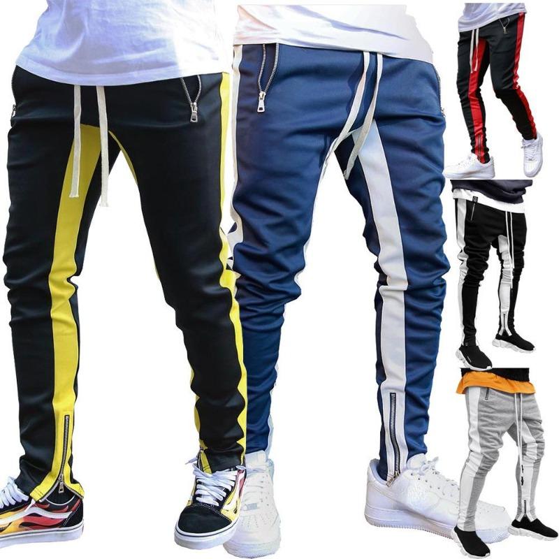New Drawstring Trousers Leg Zip Double Pocket Zip Sports Trousers Fashion Men's Striped Trousers