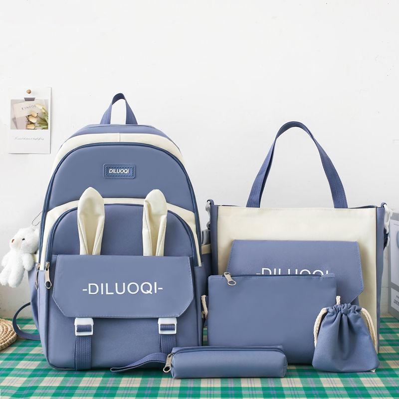 Autumn New Canvas Backpack Women's Korean Version Large Capacity Five-Piece Set Middle School Student Backpack College Student