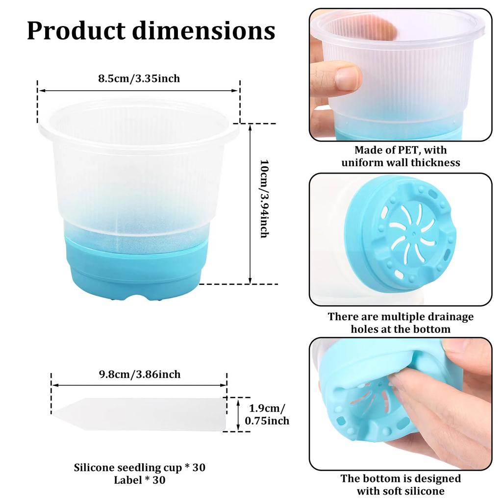 30Pcs Clear Nursery Pots 4 Inch Plastic Plant Pot with Silicone Base and Drain Holes Multi-role Seed Planter Garden Accessories