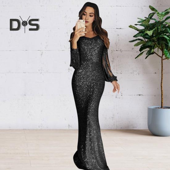 Women Prom Dress Tassel Sleeves Sheath Slim Fit V Neck Solid Color Sequin Fishtail Hem Evening Dress Cocktail Party Maxi Dress