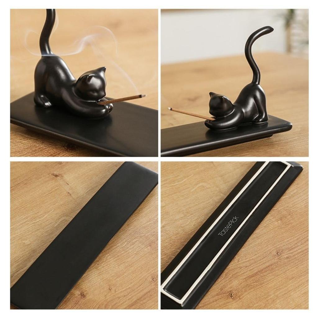 HARGIO Cute Ceramic Incense Holder with Cat Design, Stylish Incense Burner for Buddhist Altars, Incense Holder with Angled Incense Holder and Saucer,