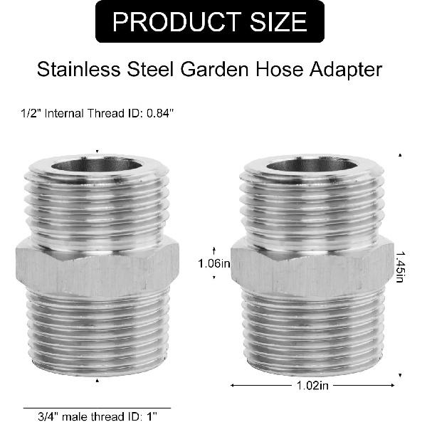 

Stainless Steel Garden Hose Adapter, Garden Hose Fitting 3/4” GHT Male x 1/2” NPT Male Connector, Double Male Faucet Connectors Adapter Connect