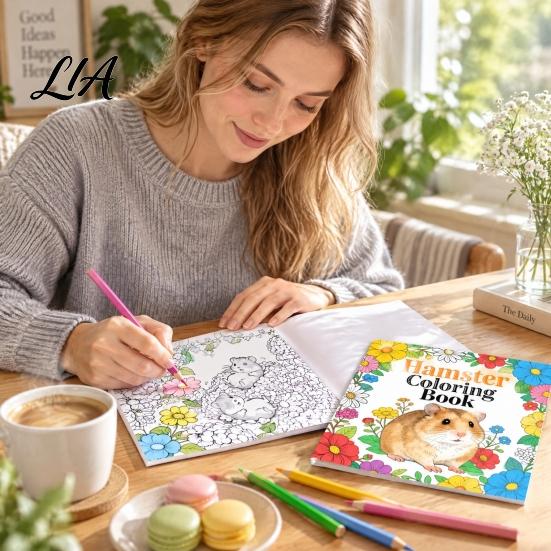 Line Art for Beginners Hamster Coloring Book Kids, Cute Animal Illustrations And Childrens Creative Drawing Floral Elements Book, Thick Paper Portable