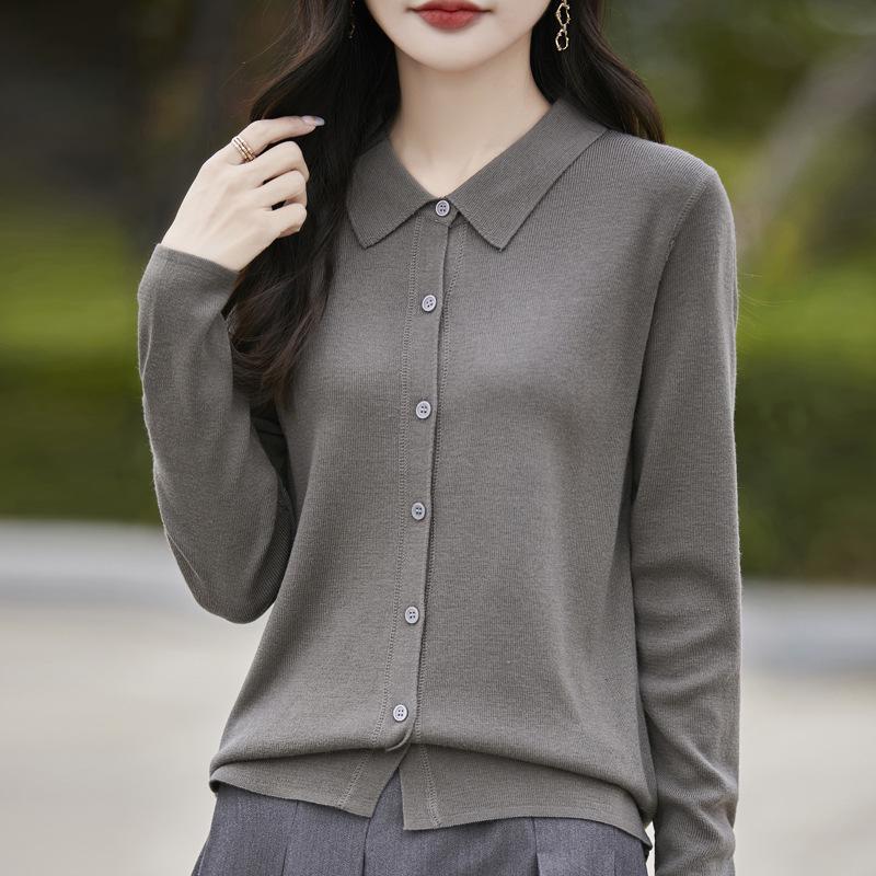Women's Spring 2025 Lapel Cardigan Sweater - Knitwear Shirt Collar Base Layer or Outerwear Top