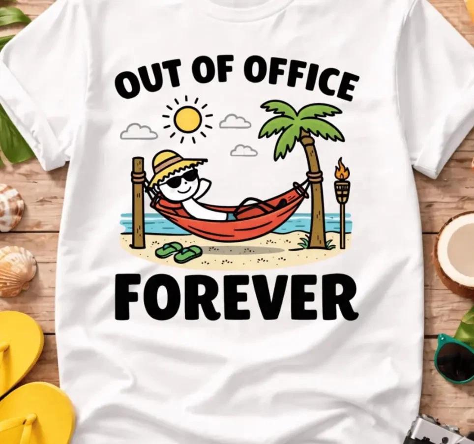 Out of Office Forever T- Shirt, Funny Retirement Beach Hammock Graphic Tee L