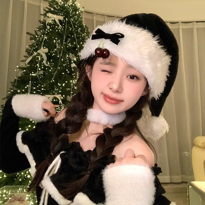 Red Cherry Bow Atmosphere Christmas Hat Winter Girl Black Plush Photo Prop