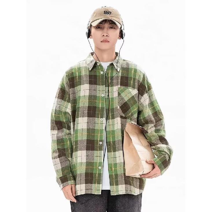 Hong Kong Style Green Plaid Shirt Long Sleeve Japanese-Style Retro Autumn Boys Ruan Handsome Couple Loose Casual Shirt Coat