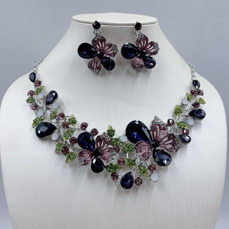 Sparkling Colorful Crystal Gemstone Necklace Earring Set Women Wedding Party Stage Accessory Floral Fashion Jewelry