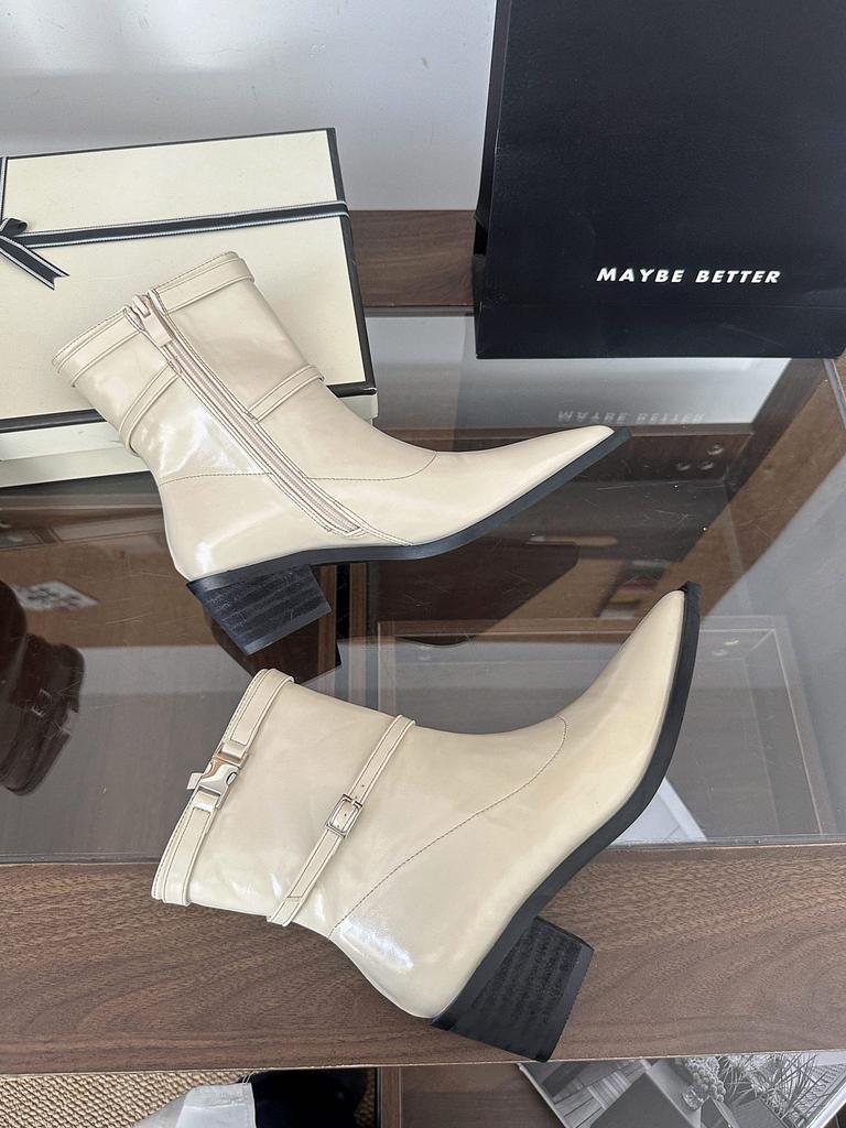 2025 New European and American Style Belt Buckle Pointed Thick Heel Thin Versatile Short Boots