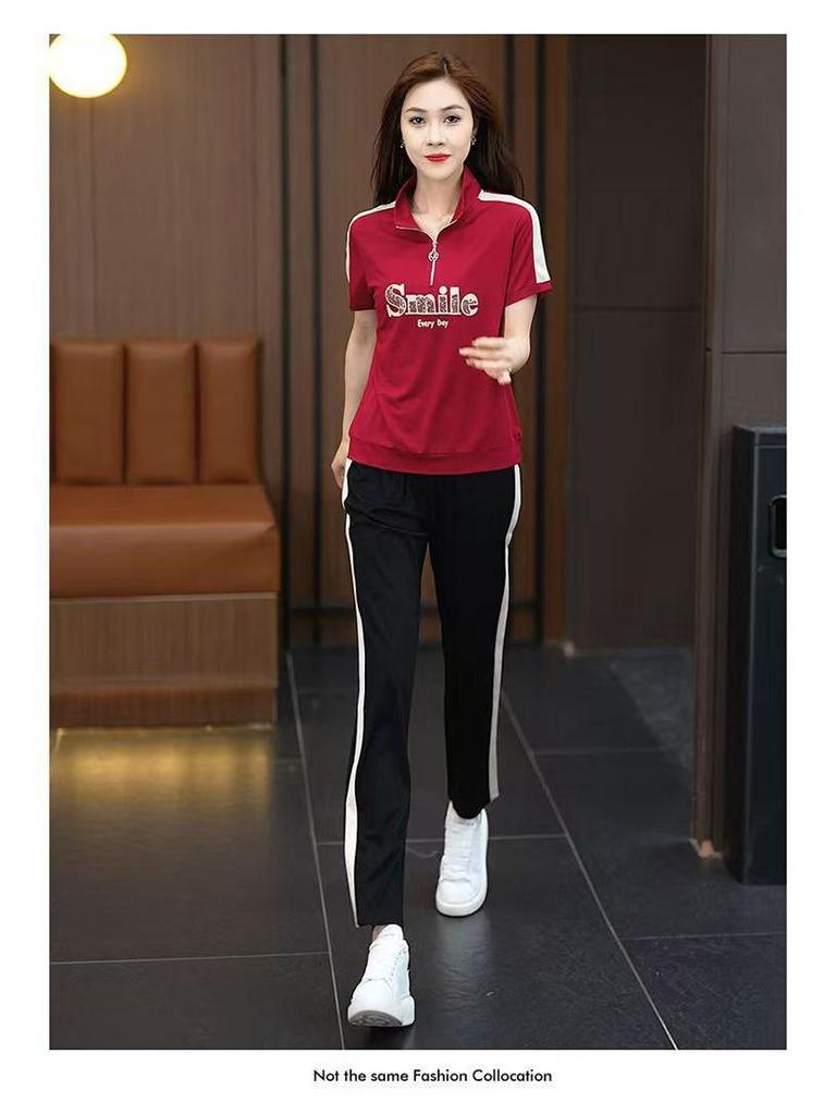 Trendy Summer Sweatshirt & Sportswear Set for Middle-Aged Moms - Loose, Slimming Casual Two-Piece 2025