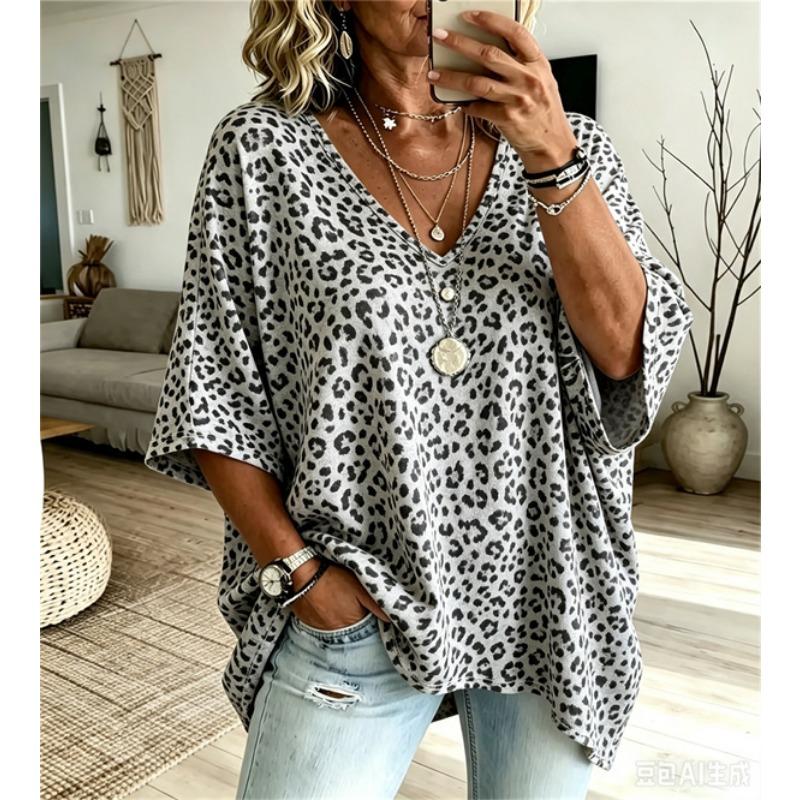 Übergrößen Damen V-Ausschnitt Fledermausärmel T-Shirt Bohemian Ethnischer Druck Lockerer Oberteil Sommer Bequem Atmungsaktiv Tägliches Pendeln Lässig Schlankmachender Stil