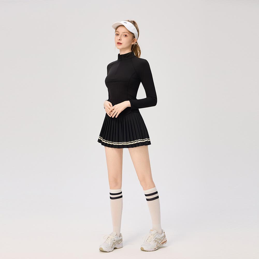 Women's Slim Fit College Style Tennis Set: Long Sleeve Top & Striped Pleated Skirt