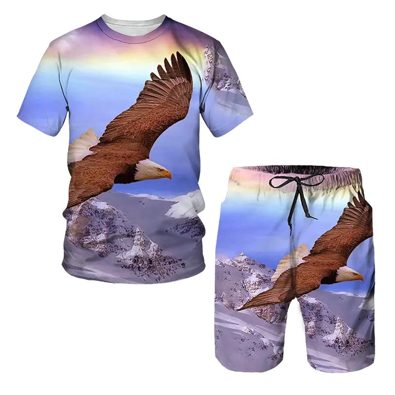 

Летний мужской спортивный костюм для мужчин, спортивные костюмы для бега, комплекты больших размеров, короткий комплект из 2 предметов с животным орлом, качественная повседневная одежда из 2 предметов