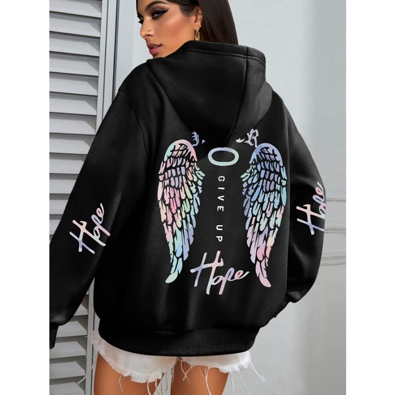 Women'S Casual Hooded Sweatshirt with Colorful Angel Wings Graphic