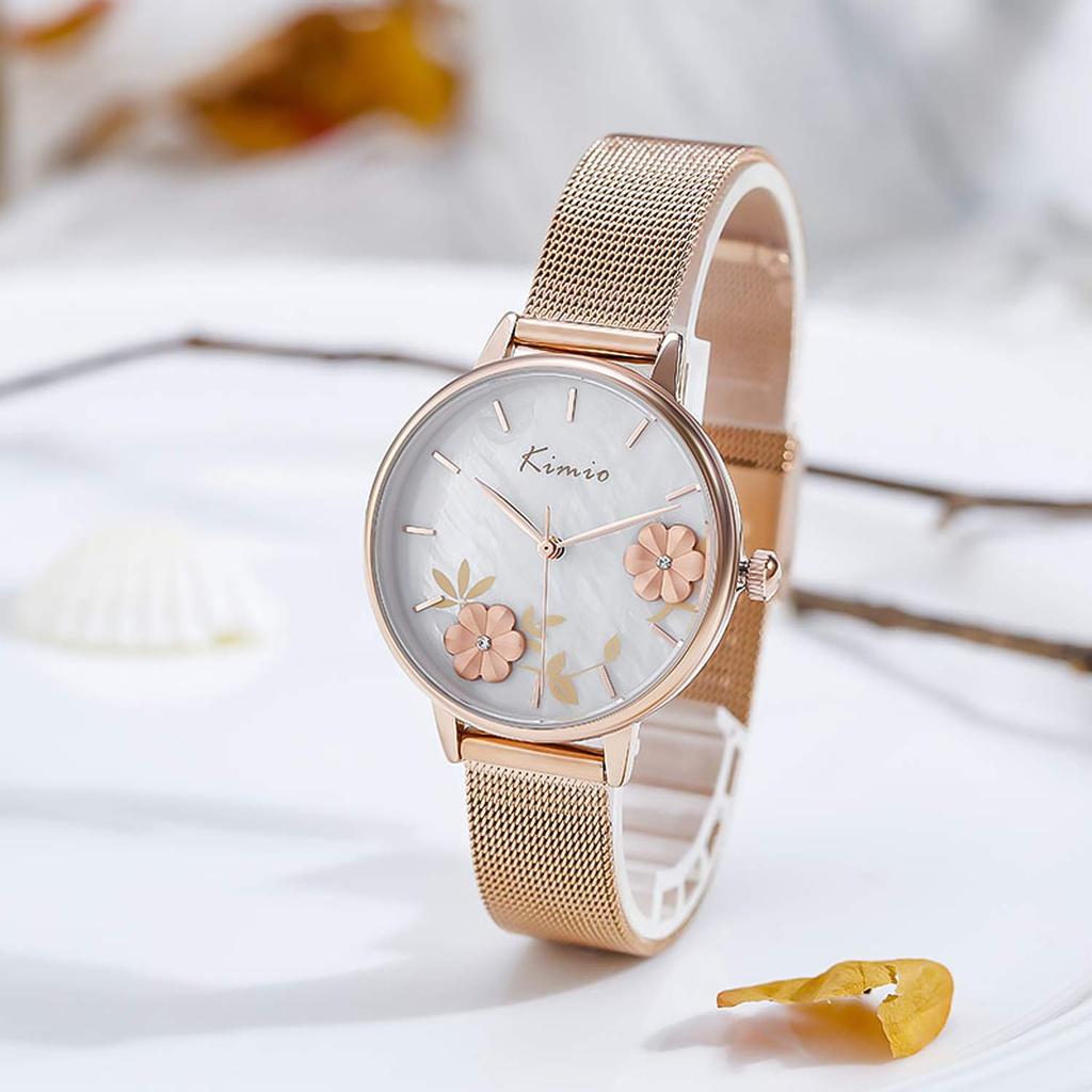 RORIOS Floral Dial Analog Quartz Watch with Water Resistance and Mesh and Elegant for Commuting and School Women's Mother-of-Pearl Band, Popular,