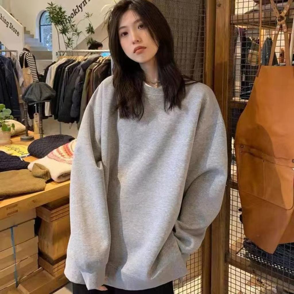 Unisex Round Neck Long Sleeve Loose Fit Sweatshirt Fleece Lined Casual Top