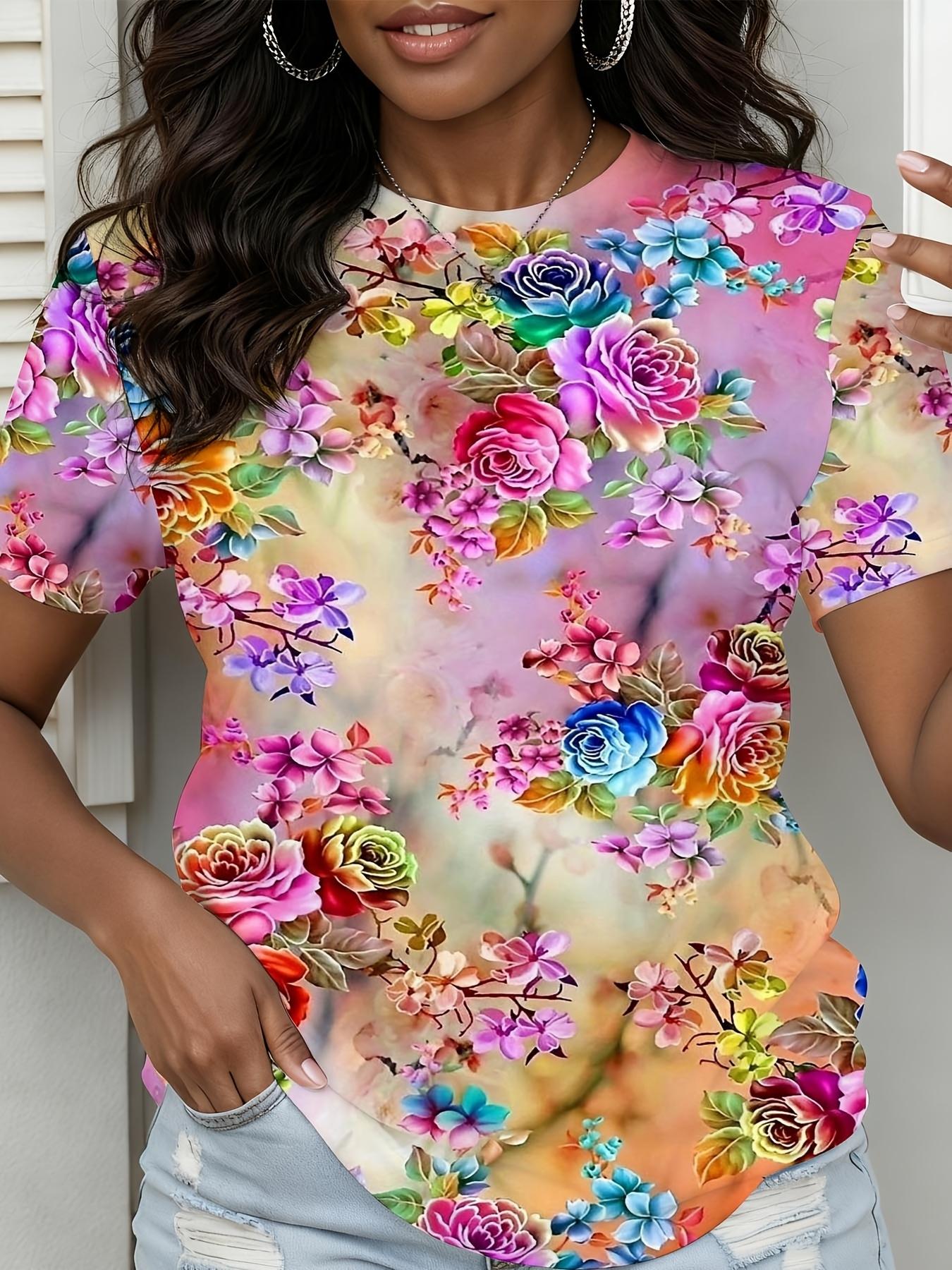

0XL-9XL Women s Clothing. Featuring a Soft Pastel Background with Vibrant Floral Patterns of Roses and Cherry Blossoms M