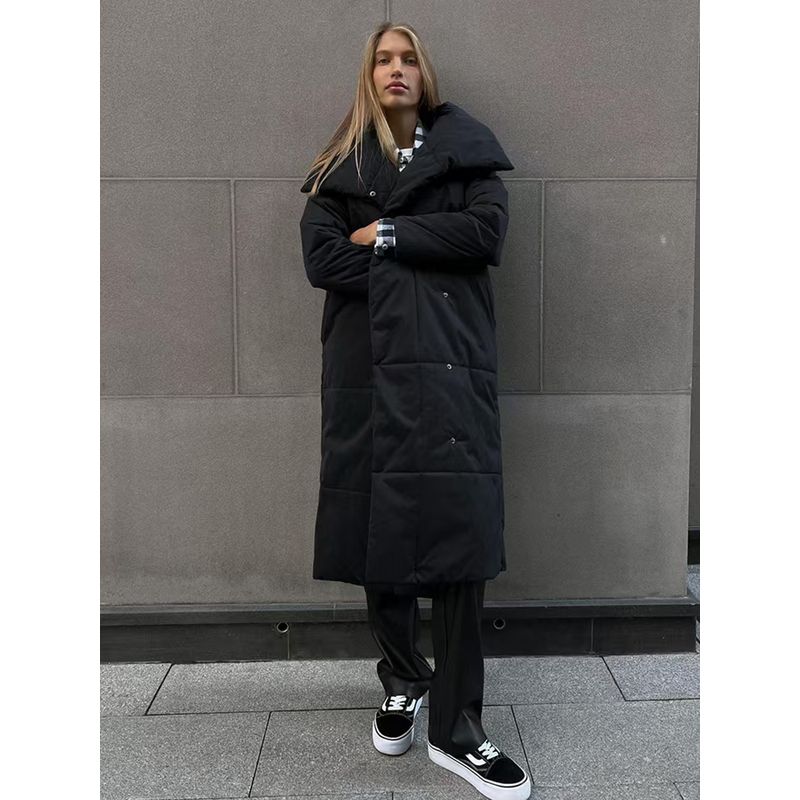 

Fashion Wind Winter Loose and Warm Long Section with a Stand Collar Cotton Coat Jacket Loose Long Cotton Clothing Black S