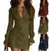 Women Suede Dress V-Neck Zipper Lace Long Sleeve Color Vintage Dress