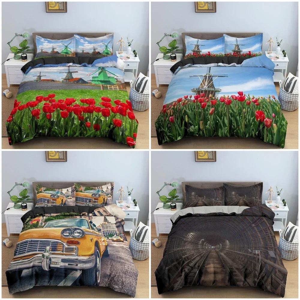 Traditionella Holländska Väderkvarnar Vintage Räls Och Bilar Bekvämt Täcke Påslakan Örngott Sängkläder Set Dekoration Hemtextil