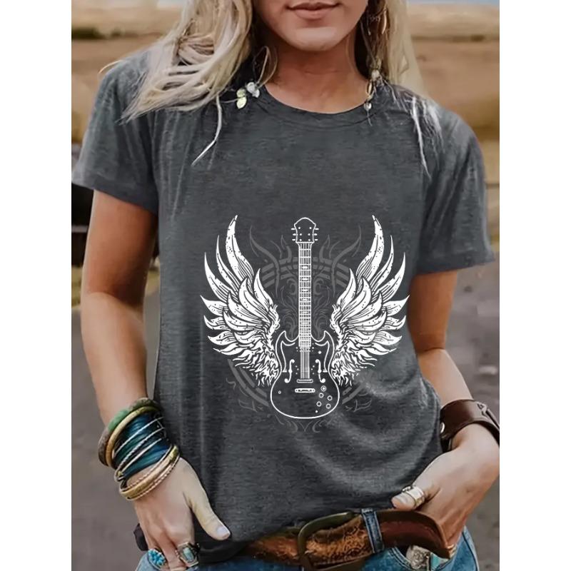 Summer Guitar Pattern Pure Cotton Round Neck Short Sleeved Casual Fashion Top T-Shirts Women’s