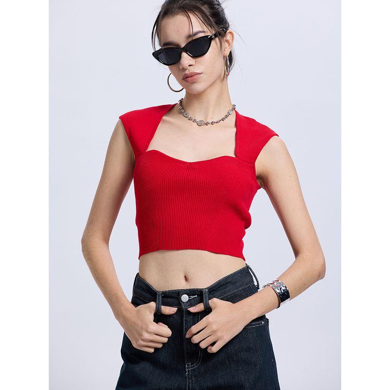 Za2025 Summer New Women clothes Solid Simple Elegant All-Match Heart-Shaped Collar Sleeveless Rib Simple T-shirt Top