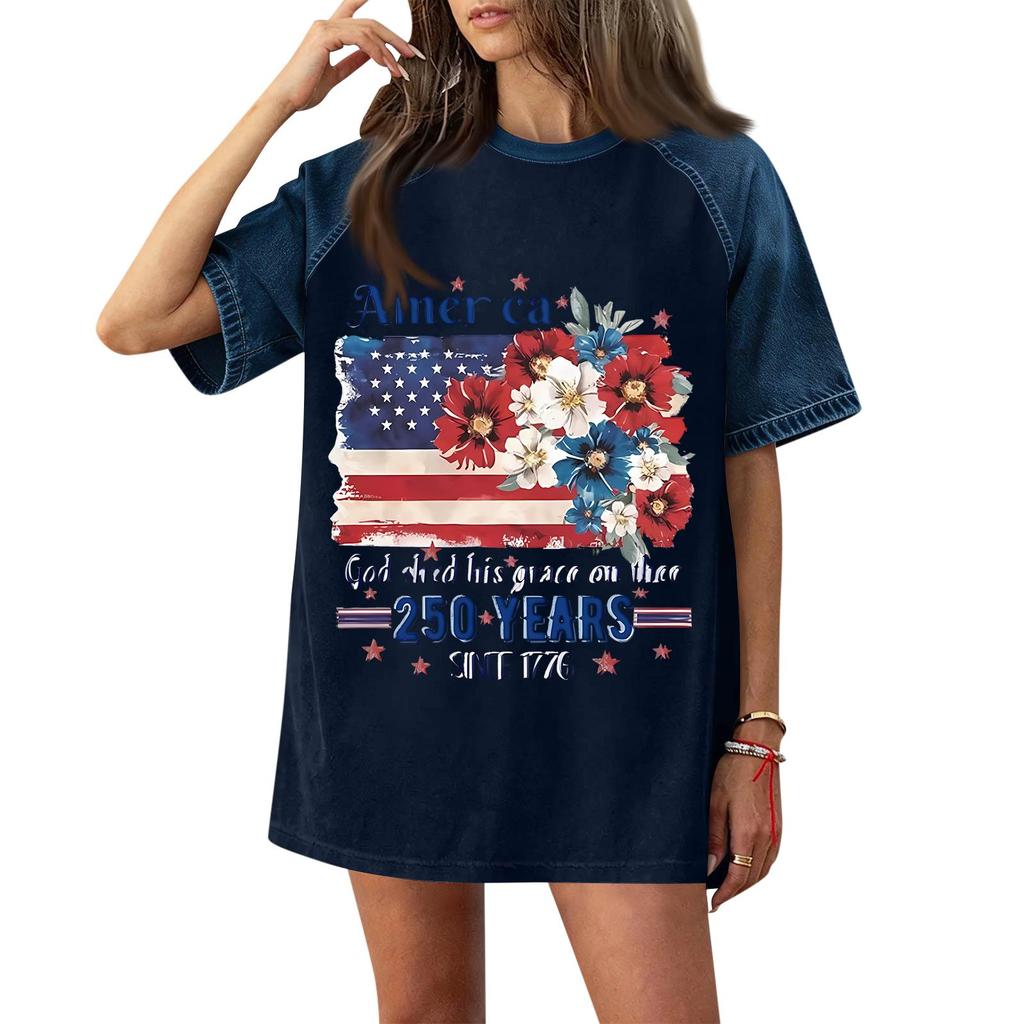 Denim Patchwork Shirts For Women Stand Collar Casual Blouse Short Sleeve Comfy Tshirt Spring Summer Fashion