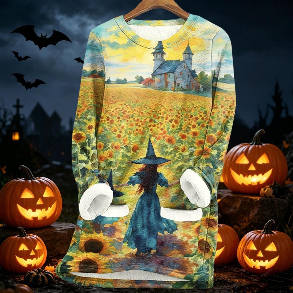 Women's Halloween Print Thick -Lined Lambswool Long Tunic Top for Fall and Winter