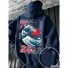 Ukiyo-E Great Wave Kanagawa Hoodie Men Aesthetic Sakura Tokyo Letter Graphic Sweatshirt Oriental Vintage Daily Hooded Pullover