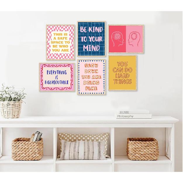 6Pcs Pink Blue Mental Health Wall Art Boho Therapy Office Wall Decor Motivational Psychology Painting Pirational Positive Quotes Poster Prints for