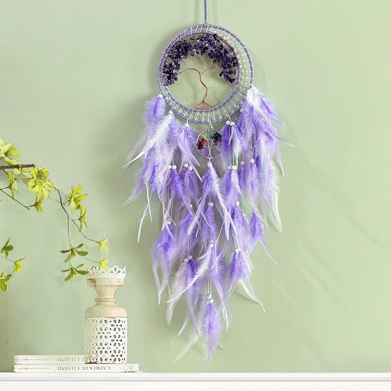 Handmade Crystal Stone Wind Chimes Dream Catcher Colorful Feathers Bedroom Hanging Ornaments Wall Pendants Festival Party Gifts