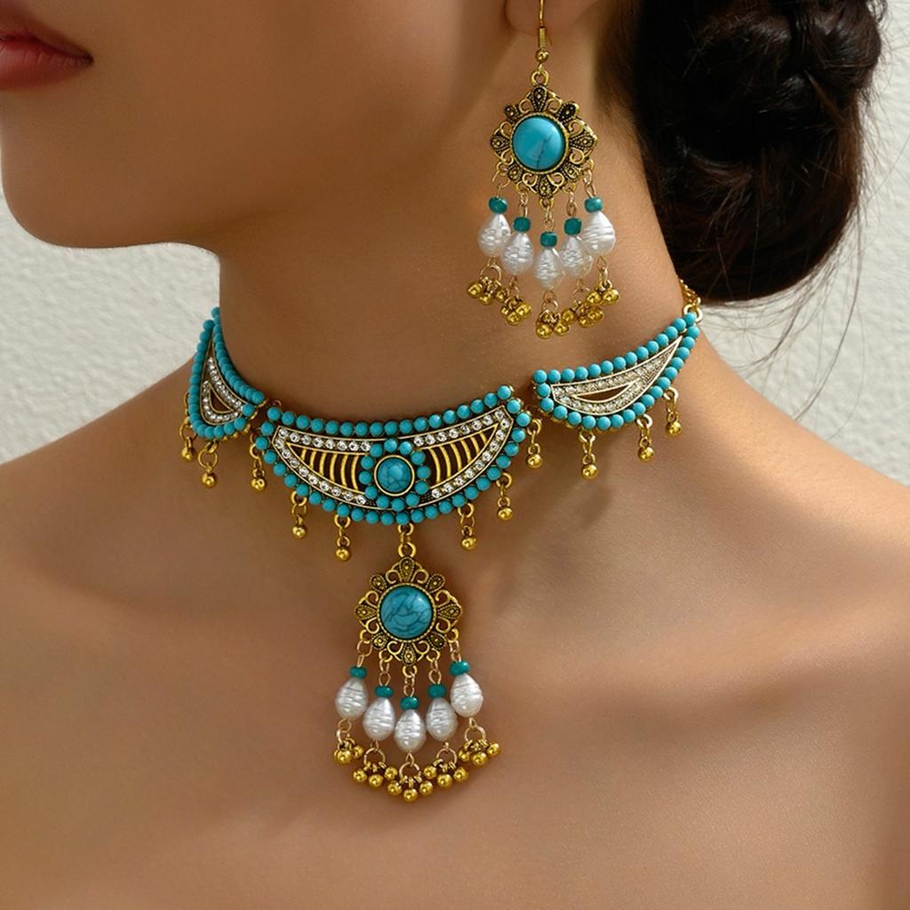 2025 New Design Boho Style Turquoises Bridal Necklace Earring Sets Suitable For Woman Wedding Party Gifts