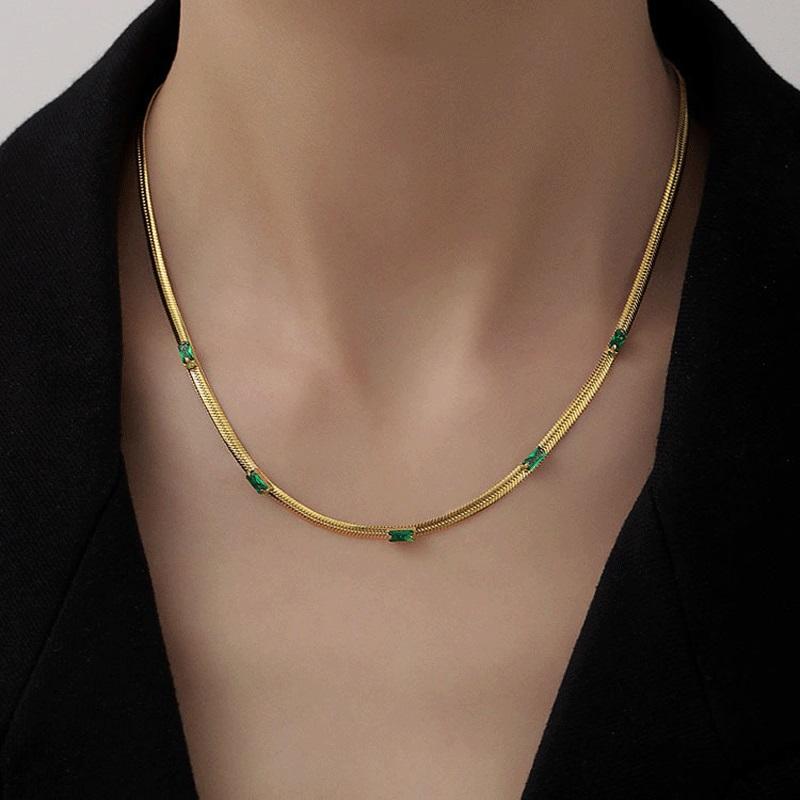 Ramos Vergoldete Glänzende Quadratische Zirkonia Fischgrätenkette Choker Halskette Grüne Klare Zirkonstein Kurze Kette Halskette