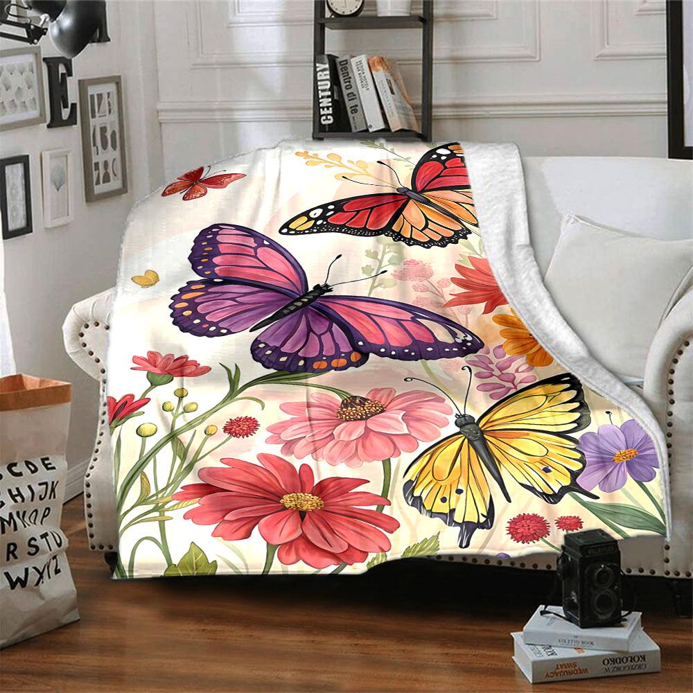 1pc Butterflies Flowers Lightweight Flannel Blanket, Comfortable and Warm Blanket, for Office and Camping Sofa Bed, Livingroom142