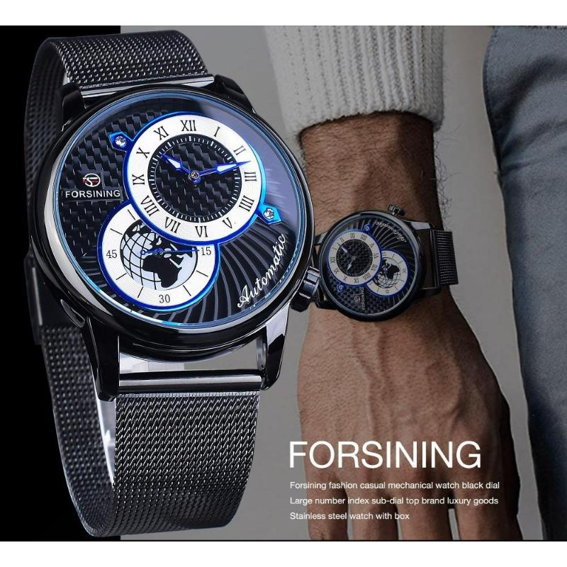 FORSINING Automatic Mechanical Wristwatch Military Sport Male Clock Luxury Golden Case Creative Dial Men Stainless Steel Mesh Strap Watch