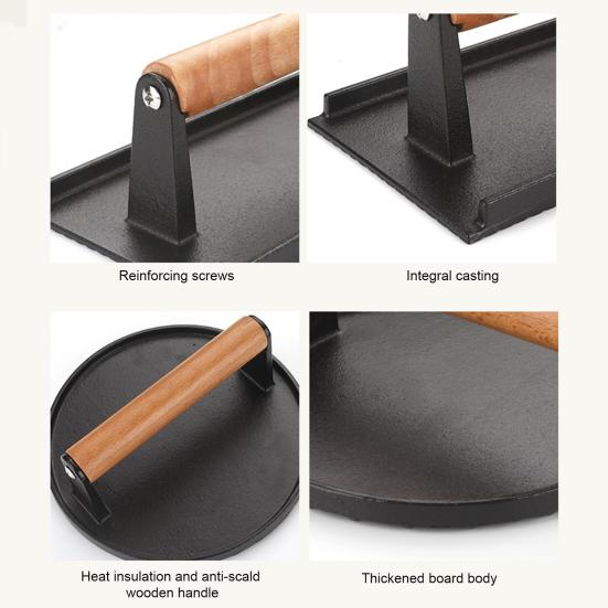 2Pcs Cast Iron Meat Press with Wood Handle Heavy-Duty Bacon Burger Smasher for Grill Griddle Skillet Rust-Proof Round Rectangular Professional BBQ